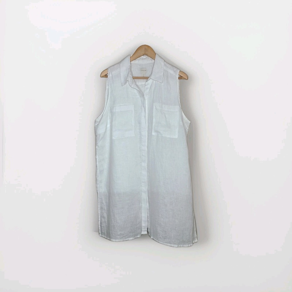 Sleeveless White Button-Up Linen Top Chicos XL